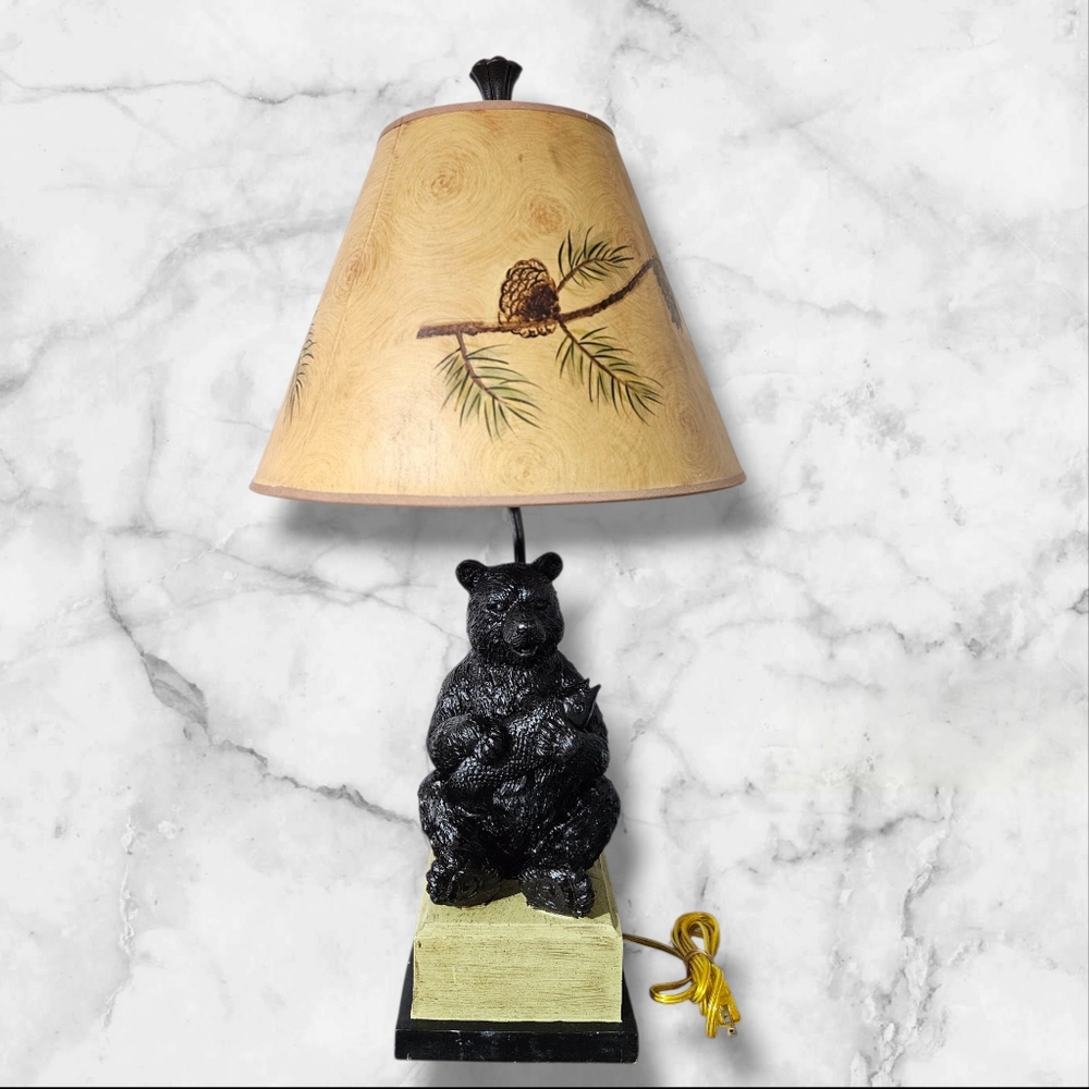 Rustic Black Sitting Bear Table Lamp with Pinecone Shade - Cabin Lodge Woodland
